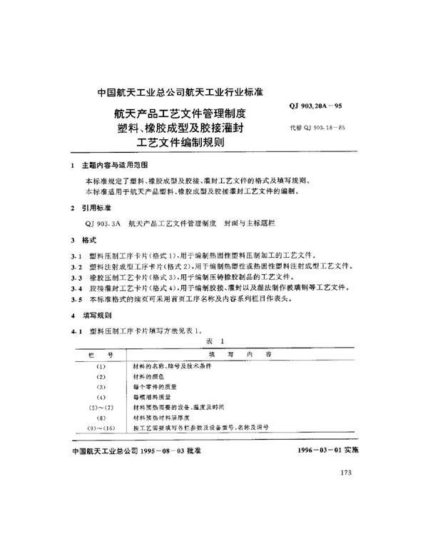 QJ 903.20A-1995 航天产品工艺文件管理制度 塑料、橡胶成型及胶接灌封