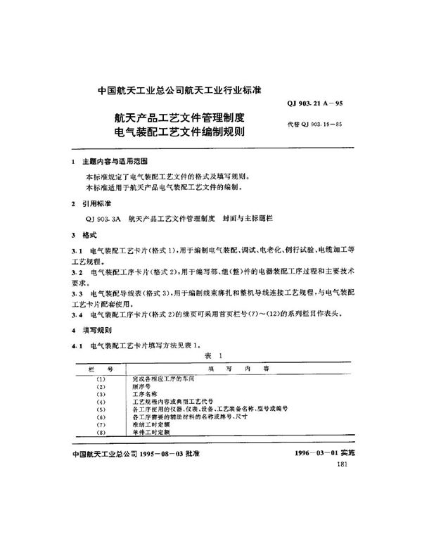 QJ 903.21A-1995 航天产品工艺文件管理制度 电气装配工艺文件编制规则