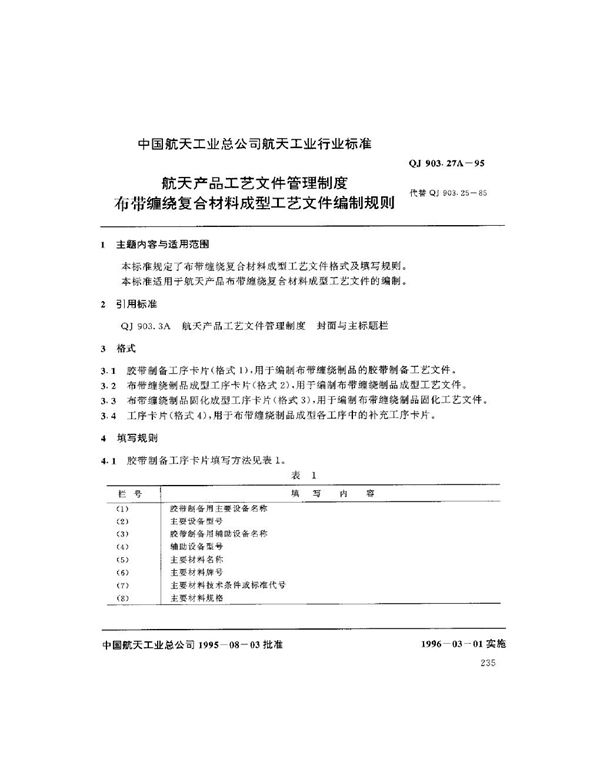 QJ 903.27A-1995 航天产品工艺文件管理制度 布带缠绕复合材料成型工艺文件编制规则