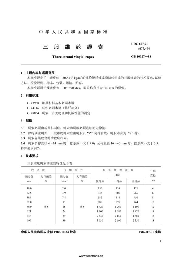 SC 5012-1988 三股维纶绳索