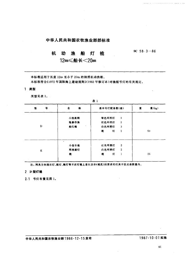 SC 58.3-1986 机动渔船灯桅 12m≤船长＜20m