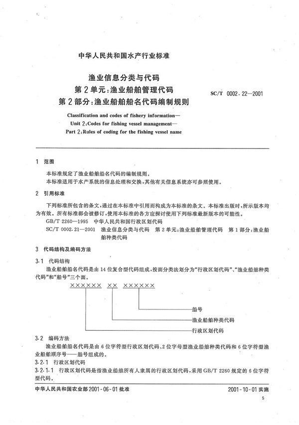 SC/T 0002.22-2001 渔业信息分类与代码 第2单元：渔业船舶管理代码 第2部分：渔业船舶船名代码编制规则