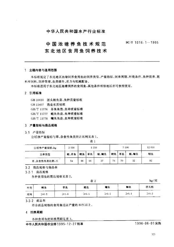 SC/T 1016.1-1995 中国池塘养鱼技术规范 东北地区食用鱼饲养技术