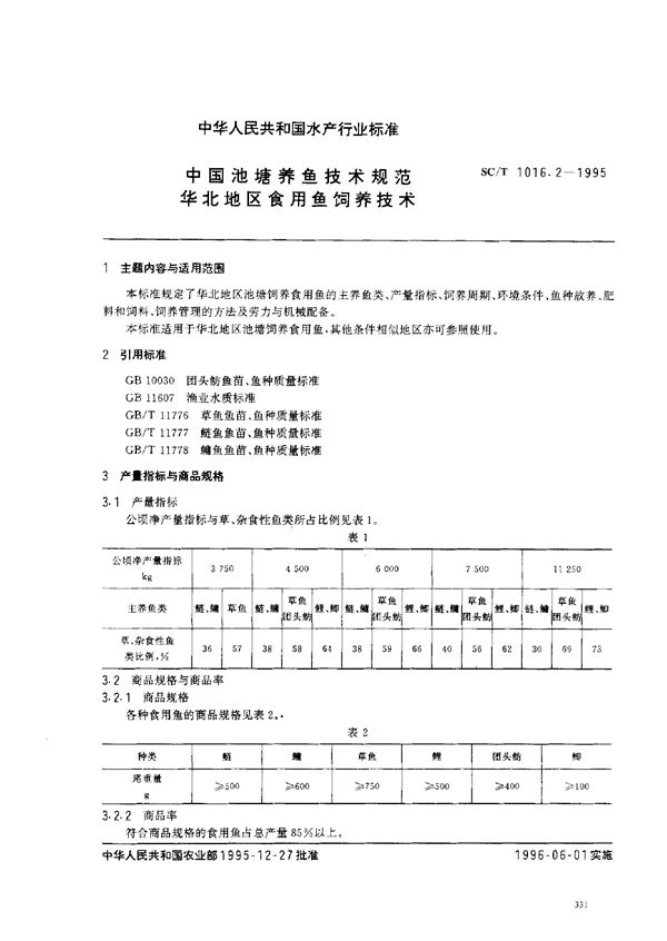 SC/T 1016.2-1995 中国池塘养鱼技术规范 华北地区食用鱼饲养技术