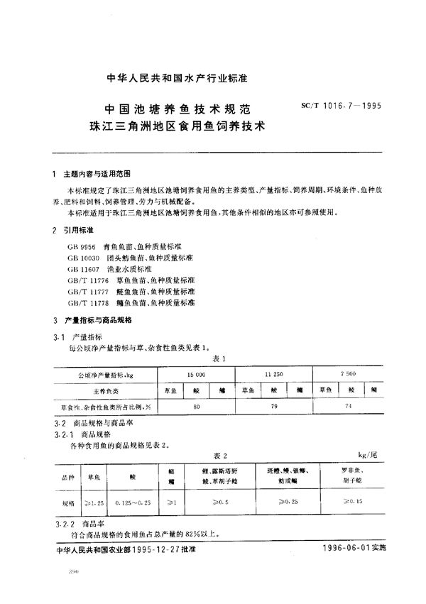 SC/T 1016.7-1995 中国池塘养鱼技术规范 珠江三角州地区食用鱼饲养技术