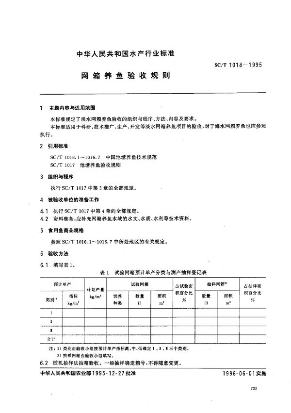 SC/T 1018-1995 网箱养鱼验收规则