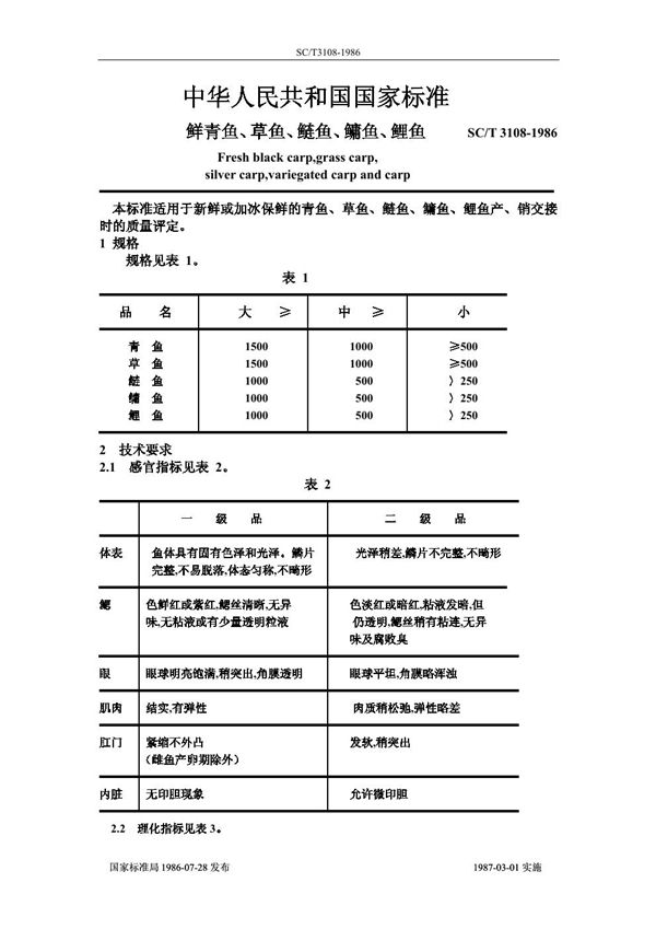 SC/T 3108-1986 鲜青鱼、草鱼、鲢鱼、鳙鱼、鲤鱼