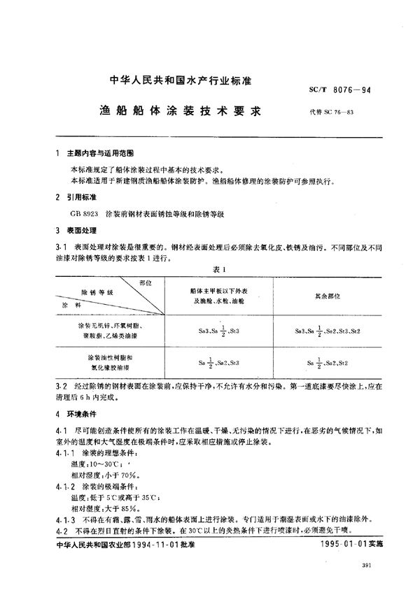 SC/T 8076-1994 渔船船体涂装技术要求