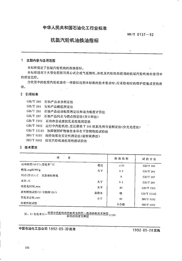 SH/T 0137-1992 抗氨汽轮机油换油指标