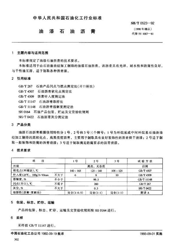 SH/T 0523-1992 油漆石油沥青