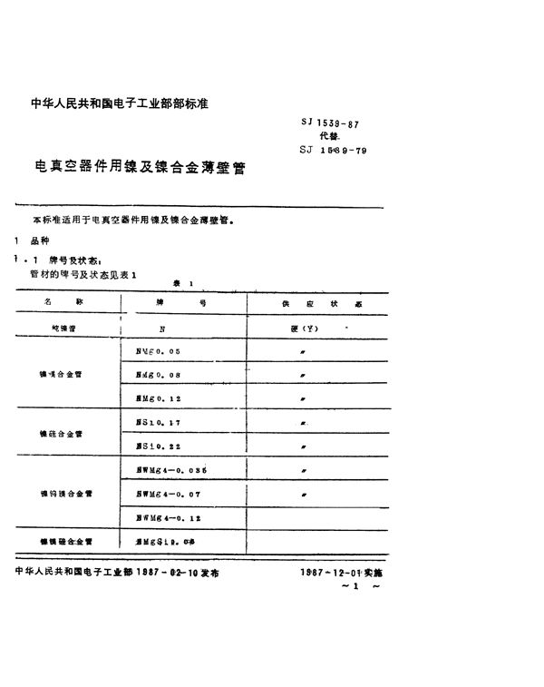 SJ 1539-1987 电真空器件用镍及镍合金薄壁管