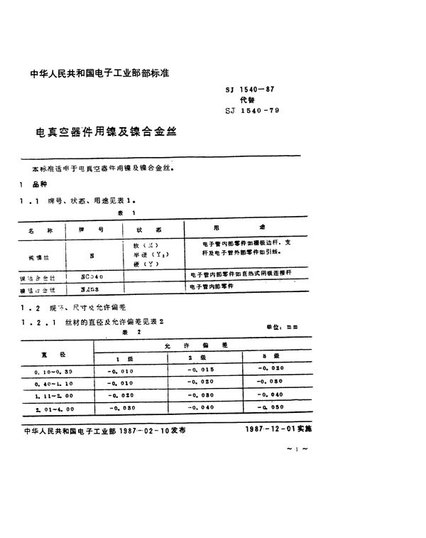 SJ 1540-1987 电真空器件用镍及镍合金丝