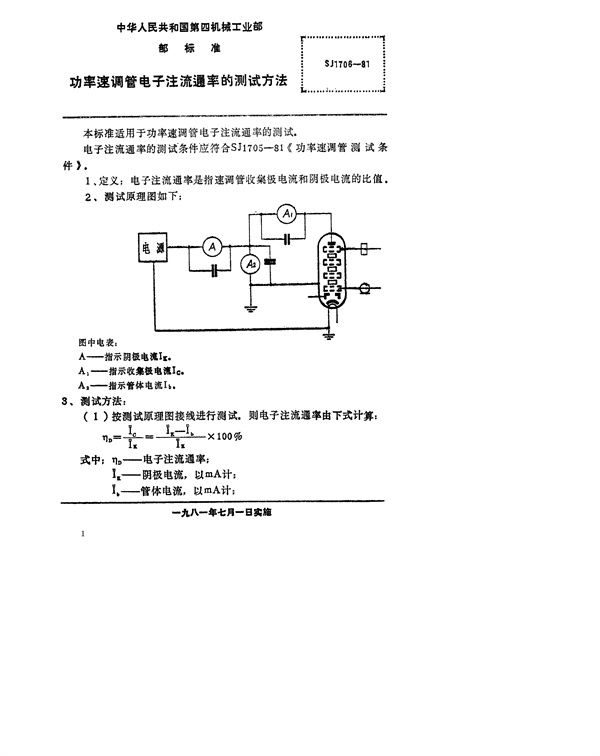 SJ 1706-1981 功率速调管电子注流通率的测试方法