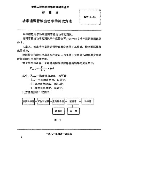 SJ 1710-1980 功率速调管输出功率的测试方法