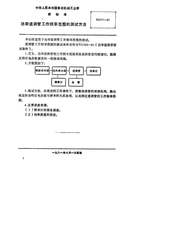 SJ 1711-1981 功率速调管工作频率范围的测试方法