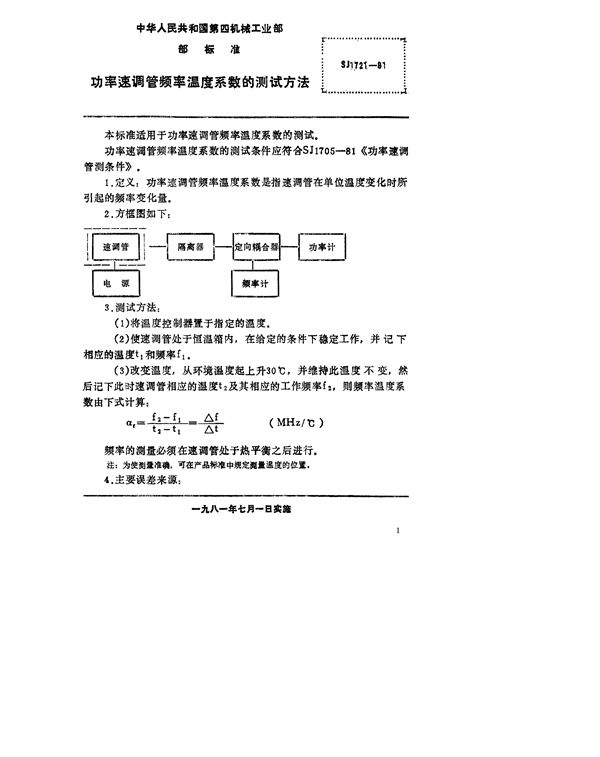 SJ 1721-1981 功率速调管频率温度系数的测试方法