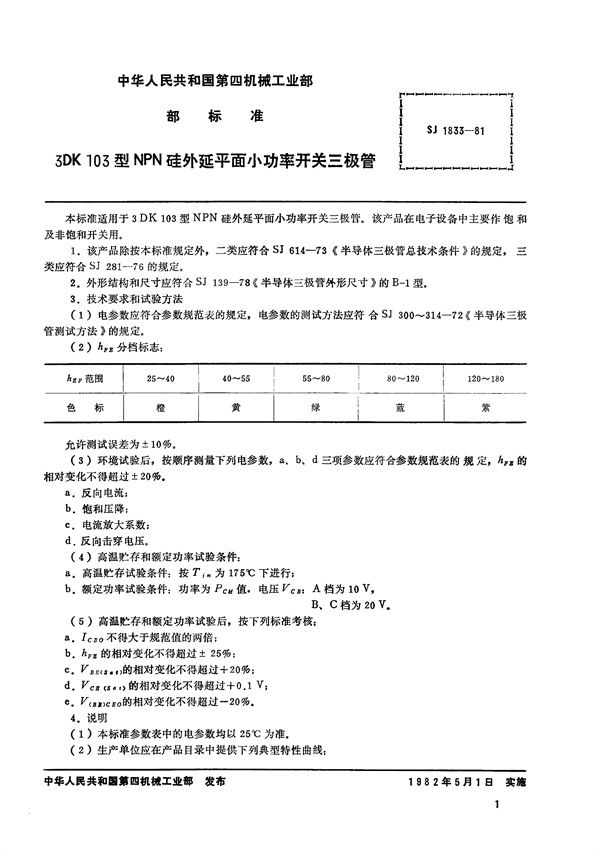 SJ 1833-1981 3DK103型NPN硅外延平面小功率开关三极管