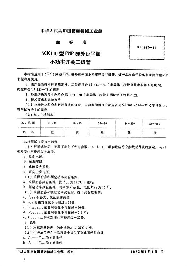 SJ 1842-1981 3CK110型PNP硅外延平面小功率开关三极管