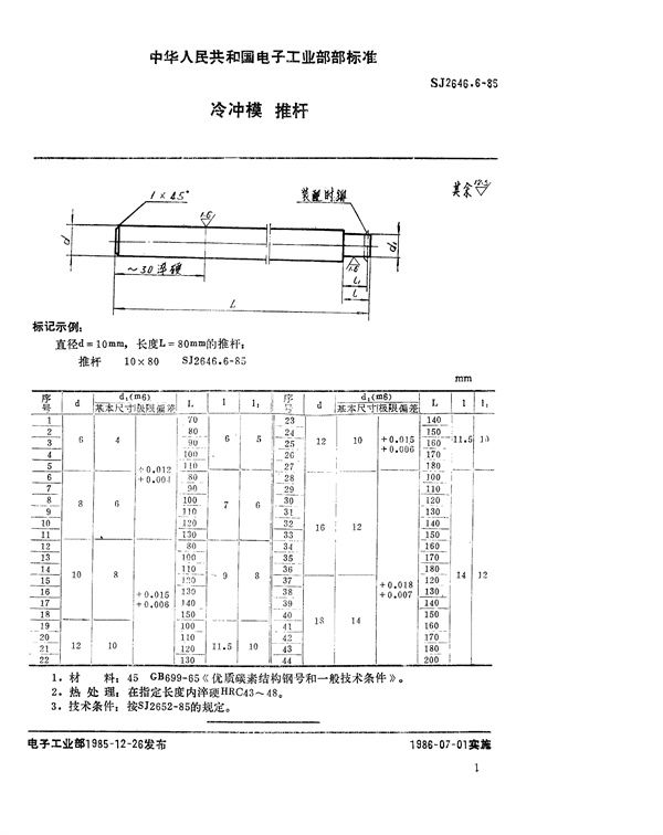 SJ 2646.6-1985 冷冲模 推杆