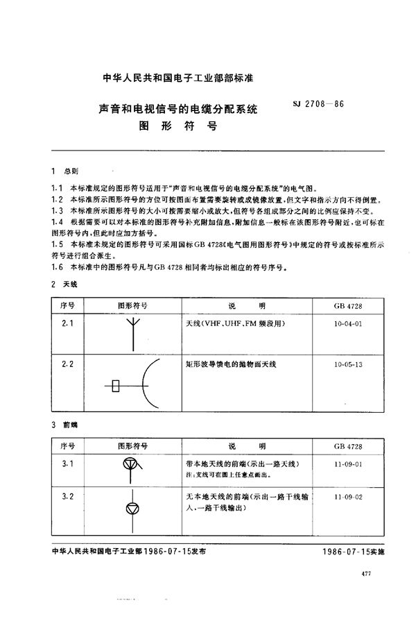 SJ 2708-1986 声音和电视信号的电缆分配系统图形符号