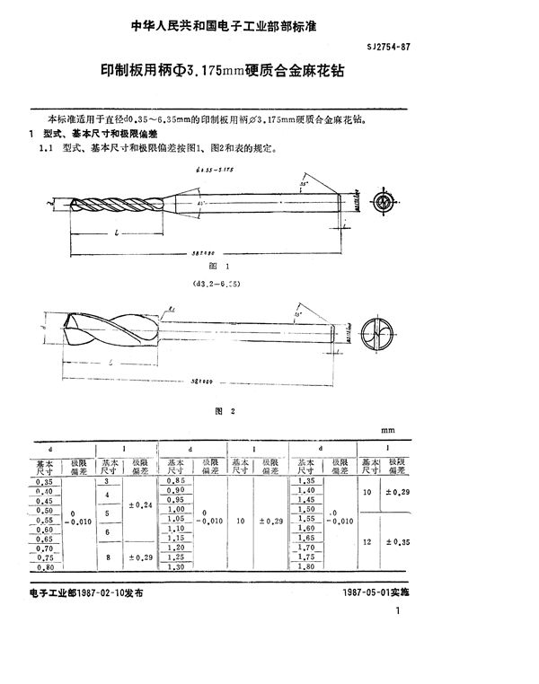 SJ 2754-1987 印制板用柄φ3.175mm硬质合金麻花钻