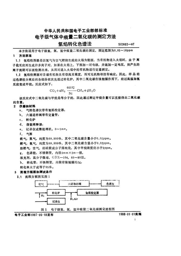 SJ 2802-1987 电子级气体中痕量二氧化碳测定方法 氢焰转化色谱法