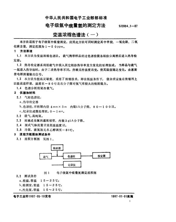 SJ 2804.1-1987 电子级氩中痕量氮测定方法 变温浓缩色谱法(一)