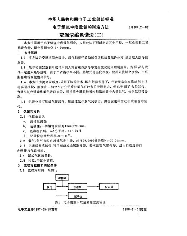 SJ 2804.2-1987 电子级氩中痕量氮测定方法 变温浓缩色谱法(二)