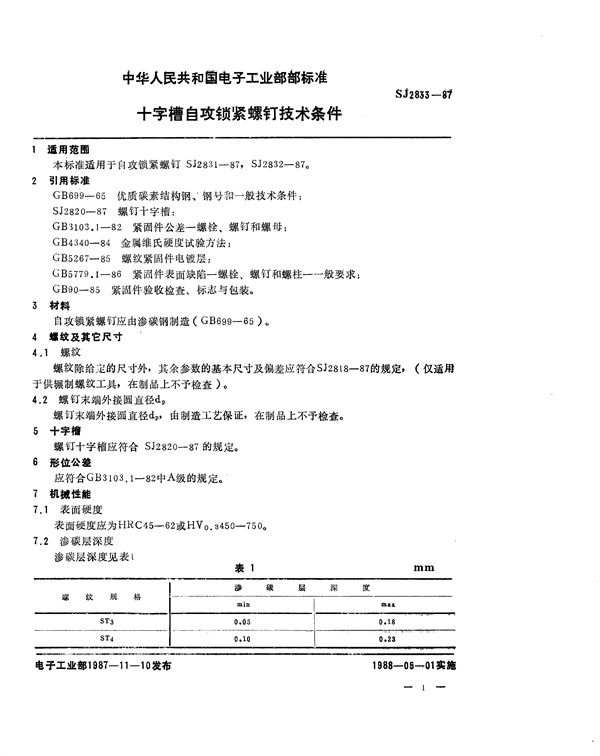 SJ 2833-1987 十字槽自攻锁紧螺钉技术条件