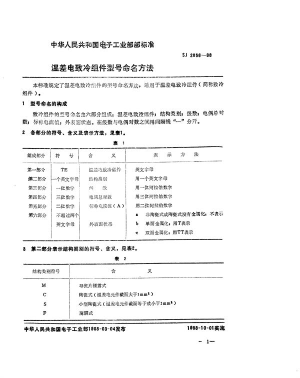 SJ 2856-1988 温差电致冷组件型号命名方法