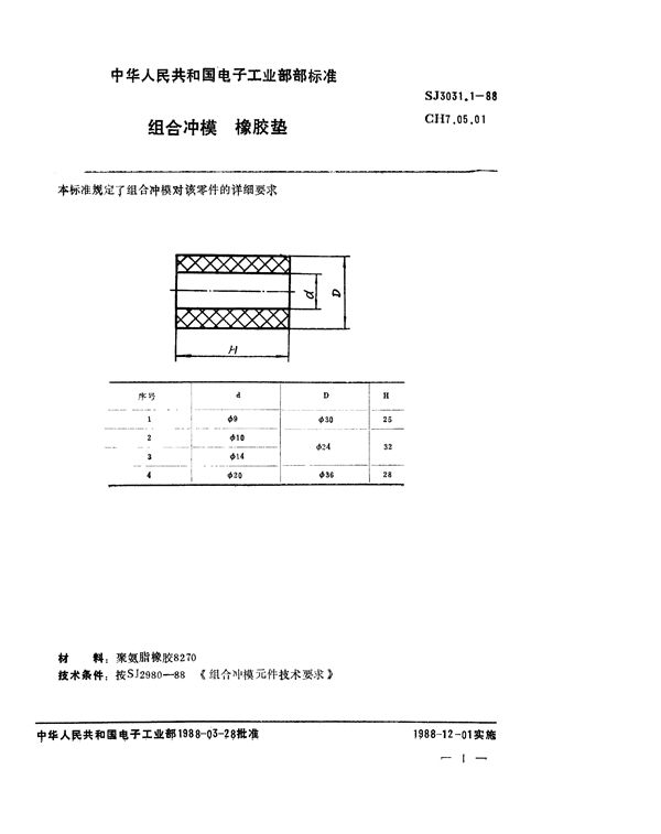 SJ 3031.1-1988 组合冲模 橡胶垫