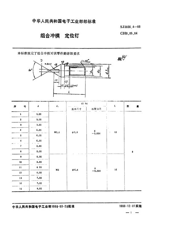 SJ 3036.4-1988 组合冲模 定位钉