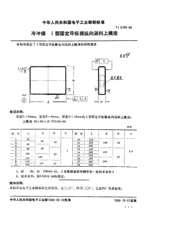 SJ 3109-1988 冷冲模 Ⅰ型固定导板模纵向送料上模座