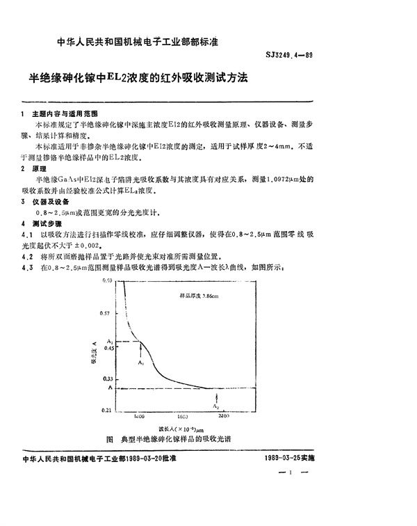 SJ 3249.4-1989 半绝缘砷化镓中EL2浓度的红外吸收测试方法