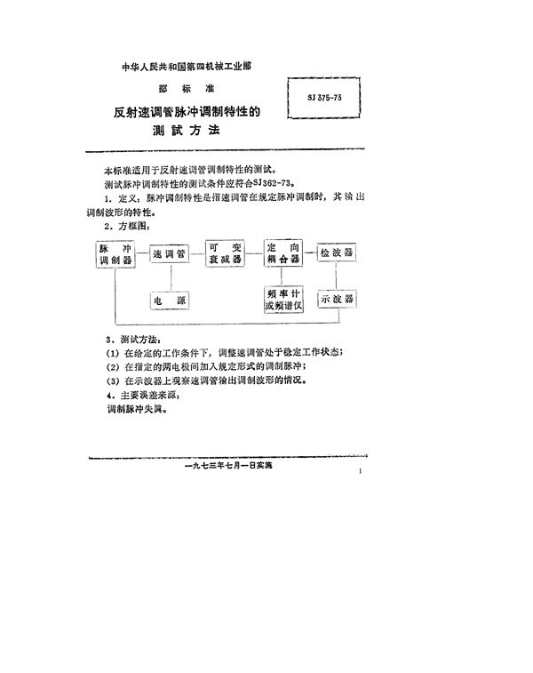 SJ 375-1973 反射速调管脉冲调制特性的测试方法