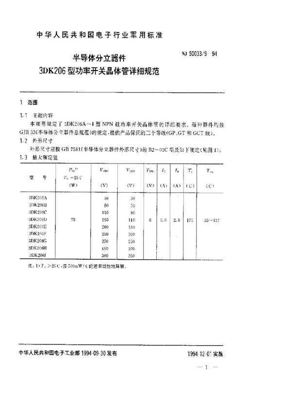 SJ 50033.9-1994 半导体分立器件.3DK206型功率开关晶体管详细规范