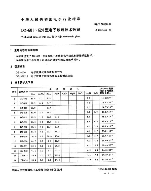 SJ/T 10590-1994 DＺ-601-604型电子玻璃技术数据