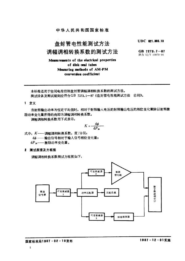 SJ/T 10870-1996 盘封管电性能测试方法 调幅调相转换系数的测试方法