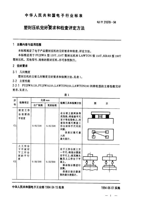 SJ/T 31078-1994 塑封压机完好要求和检查评定方法