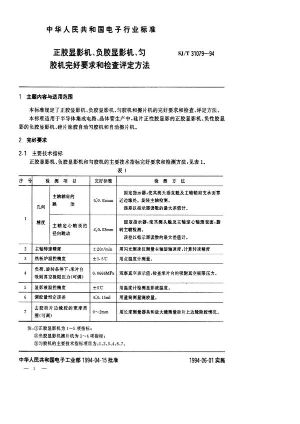 SJ/T 31079-1994 正、负胶显示影机、匀胶机完好要求和检查评定方法