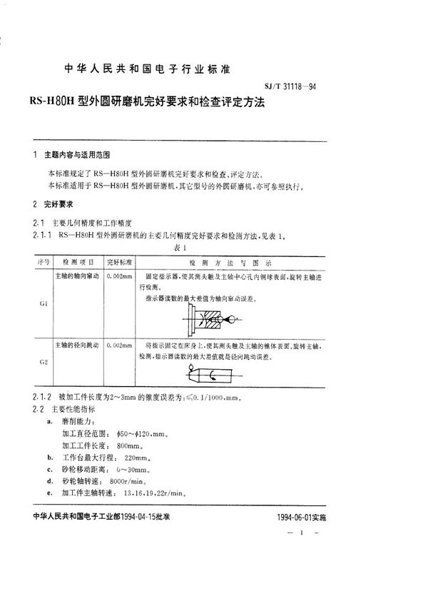 SJ/T 31118-1994 RS-H80H型外圆 磨机完好要求和检查评定方法