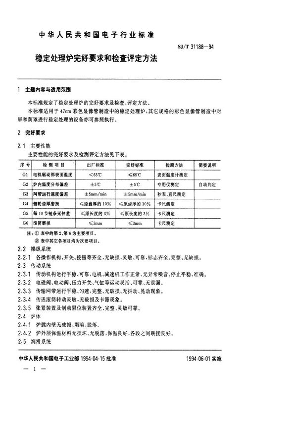 SJ/T 31188-1994 稳定处理炉完好要求和检查评定方法