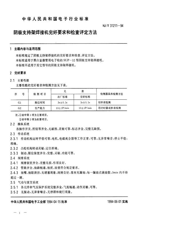 SJ/T 31211-1994 阴极支持架焊接机完好要求和检查评定方法