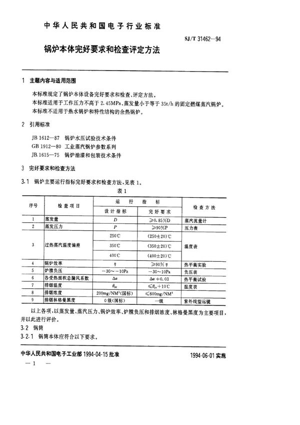 SJ/T 31462-1994 锅炉本体完好要求和检查评定方法