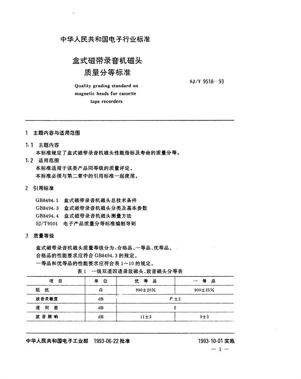 SJ/T 9518-1993 盒式磁带录音机磁头质量分等标准