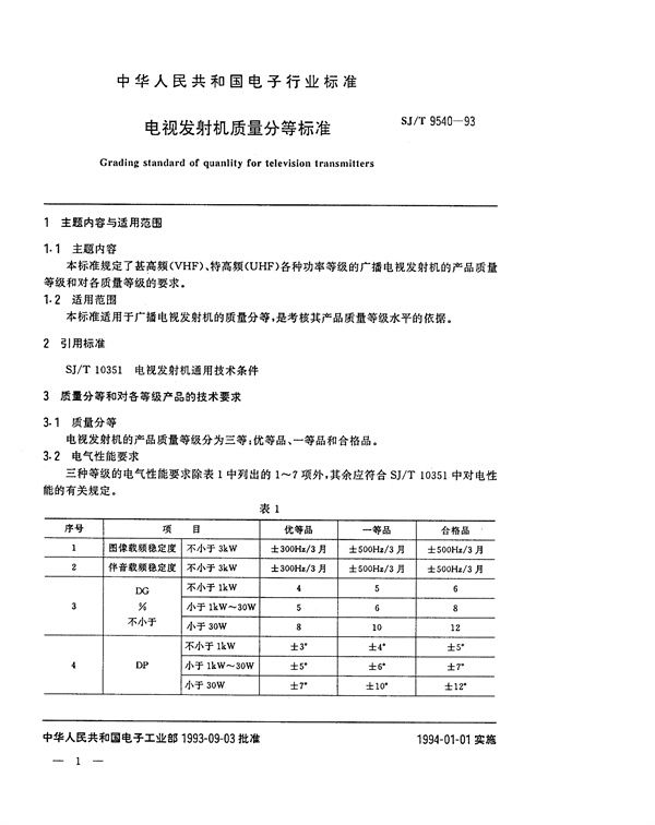 SJ/T 9540-1993 电视发射机质量分等标准