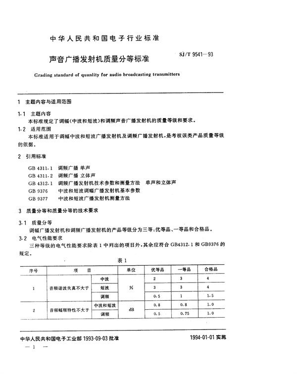 SJ/T 9541-1993 声音广播发射机质量分等标准