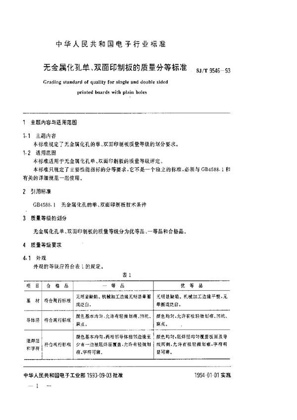 SJ/T 9546-1993 无金属化孔单、双面印制板的质量分等标准