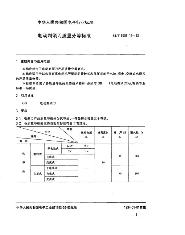 SJ/T 9559.15-1993 电动剃须刀质量分等标准