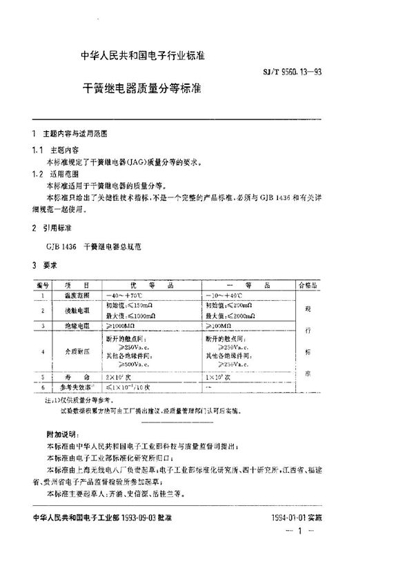 SJ/T 9560.13-1993 干簧继电器质量分等标准